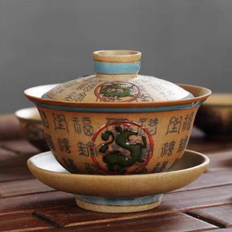 hand-painted  Master Wu three piece gai wan Kung Fu tea cup -IM293