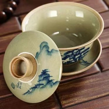 hand-painted  Master Wu three piece gai wan Kung Fu tea cup -IM293