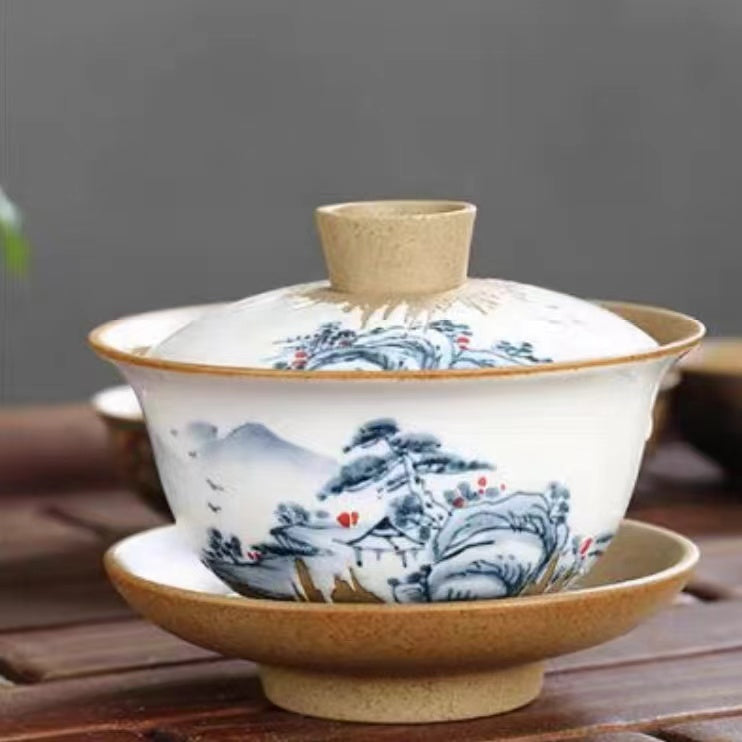 hand-painted  Master Wu three piece gai wan Kung Fu tea cup -IM293