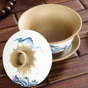 hand-painted  Master Wu three piece gai wan Kung Fu tea cup -IM293