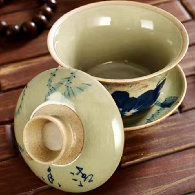 hand-painted Master Wu three piece gai wan Kung Fu tea cup-IM294